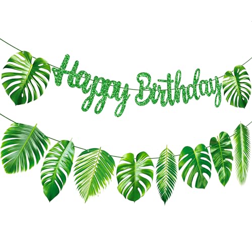 Tropical Green Palm Leaf Happy Birthday Banners Hawaiian Luau Decorations for Summer Theme Jungle...