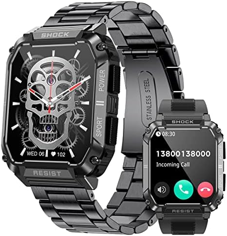 FILIEKEU Military Smartwatch Men Waterproof 123 Sports Fitness Tracker Smart Watch Men Bluetooth Call (Answer/Make Calls) 1.95'' Black Silicone Stainless Steel Smartwatch Man for iPhone Android Phone