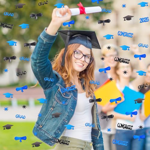 Image of Blue and Black Graduation Confetti 2026, 1000 Pcs Class of 2026 Table Centerpiece Grad Confetti for 2026 Graduation Party Decorations Supplies