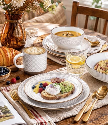 Image of GBHOME Dinnerware Sets for 4, Farmhouse Style Stoneware Plates and Bowls Sets, 12 Pieces Embossed Scratch Resistant Dishes, Dishwasher & Microwave Safe, White