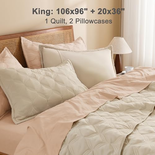 Image of Litanika King Size Quilt Bedding Set, Oatmeal Summer Lightweight Soft Comforter Bedspreads & Coverlets, Boho Farmhouse Bedding Cover Bed Decor All Season, 3 Pieces (1 Quilt, 2 Pillowcases)