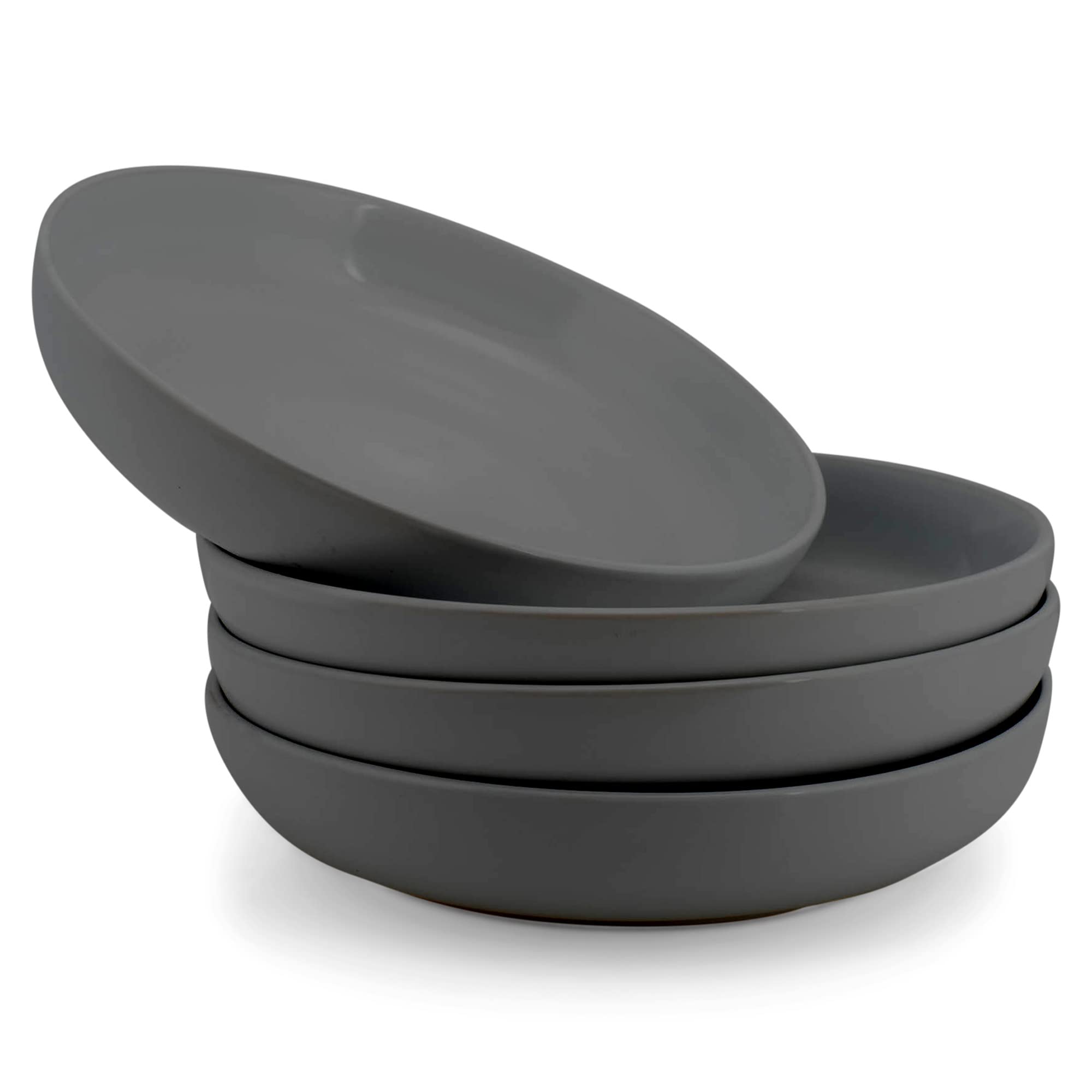 Elanze DesignsBistro Glossy Ceramic 8.5 inch Shallow Pasta Dinner Bowls Set of 4 - Perfect for Everyday uses from Italian Style Pasta to Caesar Salad, and Ramen to Pho, Charcoal Grey