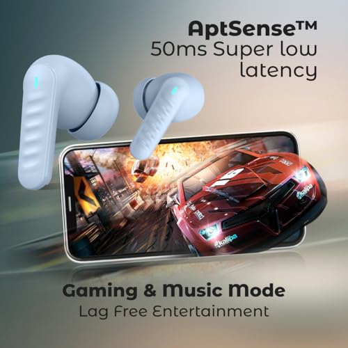 Image of pTron Bassbuds Bliss TWS Ear Buds w / 4 QuadPro Mics, 3D Audioscape, AI-ENC Calls, 40H Playtime, 50Ms Low-Latency Game /Music Modes, BTv5.3, Type C Fast Charging & IPX5 Water Resistant (Sky)