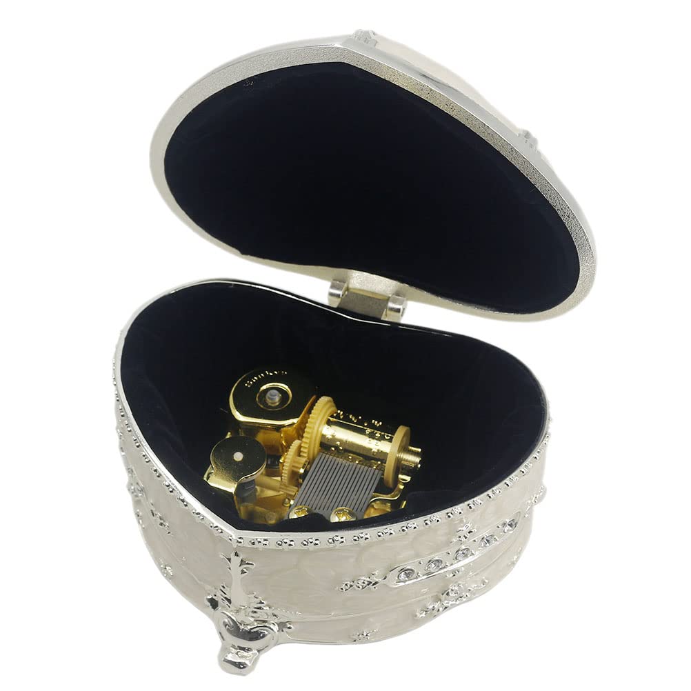 ROSIKING White Heart Emboss Alloy Metal Music Box Wind Up Antique Jewelry Musical Boxes Christmas Birthday Valentine's Day Gifts Plays Anastasia-Once