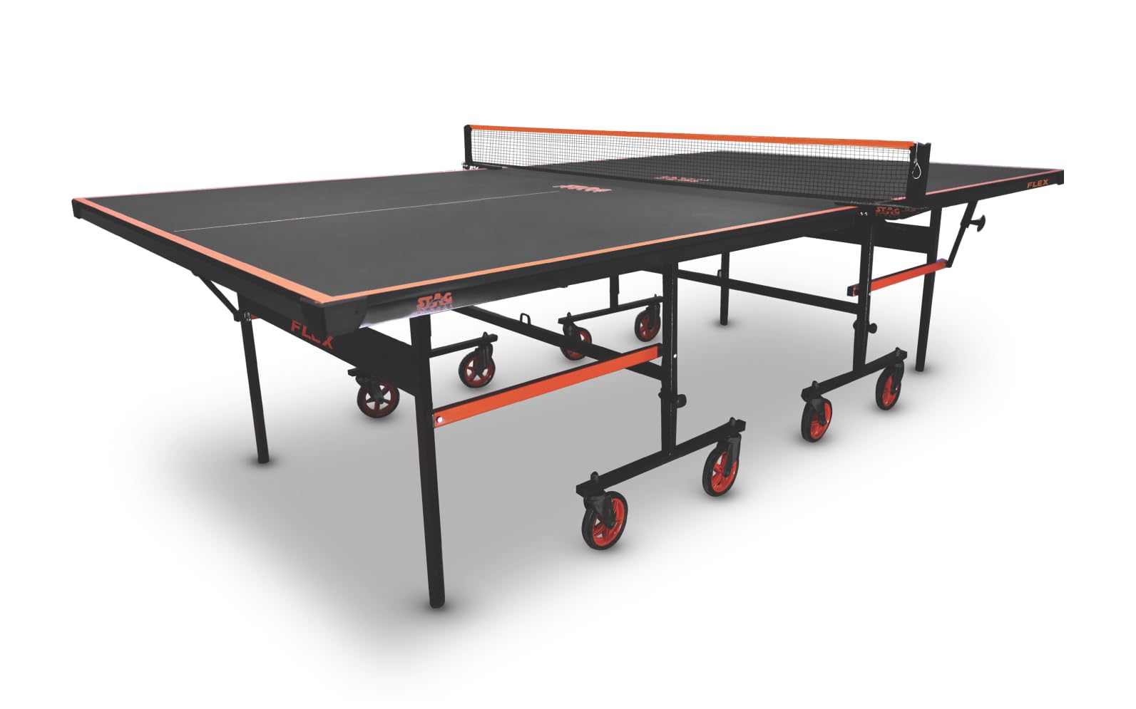 stag (new launch) stag global flex table tennis table black top | thickness 16mm with net set, table cover, 2 racquets and 6 balls features quick assembly and play back mode