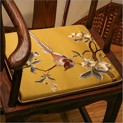 Cuncoo Desk Chair Pad Magpie Embroidered New Chinese Style Seat Cushion High-Grade Non-Slip Yellow Blue Birds Tatami, 19.7 X 19.7Inches/50 X 50Cm #TOP2