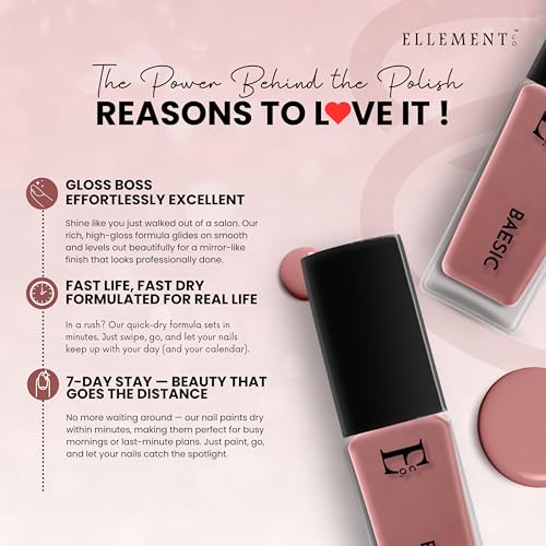 Image of Ellement Co Baesic Nail Polish 10ml | Dusty Rose Nude Shade | Glossy Gel Finish | Rich Pigmentation | Quick Drying | Long Lasting | Chip Resistant | Vegan & Cruelty Free | Nail Lacquer for Women