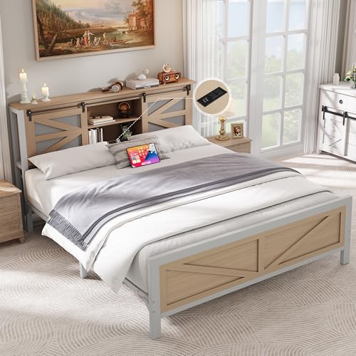 YITAHOME Farmhouse Queen Size Bed Frame with Headboard, Bookcase Storage Shelves, Sliding Grid Barn Door, Charging Station, Rustic Wood Platform Bed, No Box Spring Needed, Oak