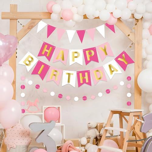 Image of Pink Happy Birthday Banner Pre-strung Happy Birthday Bunting Banner with Golden Letters Rose Pennant Flags Sparkle Birthdays Decor Pink Themed Party Supplies for Women Girls Kids Adults