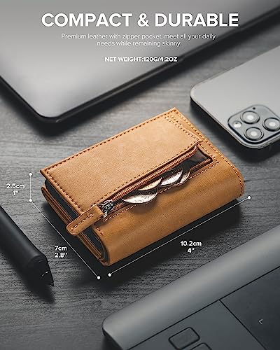 Image of VULKIT Card Holder Wallet with Coin Pocket Magnetic Closure Pop Up Cards With ID Window Leather Wallet for Cash & Credit Cards, Saddle Tan, Medium, Contemporary