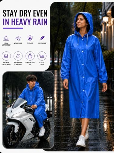 Image of Hooded Waterproof Men's & Women's Raincoat, Lightweight Long Rain Jacket, Button Front, Windproof Outdoor Rainwear | Free Size |