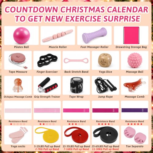 Fitness Advent Calendar 2026 for Women Pilates Christmas Countdown Calendar | Advent Calendar for Adult with Resistance Band,Massage Ball,Yoga Ball,Jump Rope - image 3