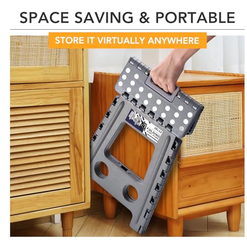 Image of Delxo 16 Inch Folding Step Stool,Foldable Stool for Adults with Safety Lock,Portable Collapsible Plastic Stepstool,Non Slip Folding Stools for Kitchen Bathroom Bedroom Up to 400LBS,(Dark Grey 1PC)