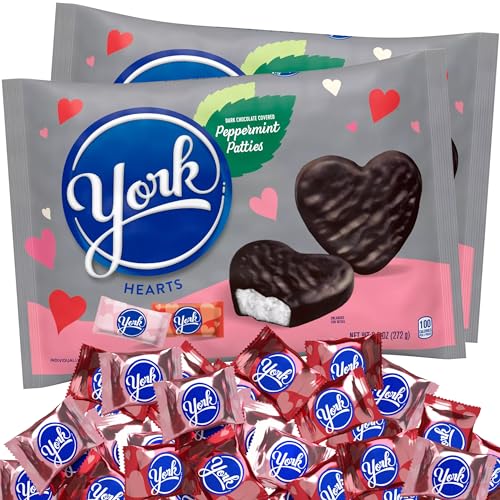 Valentine\'s Day Candy - 40 Count Snack Size YORK Hearts Chocolate Peppermint Patties - Individually Wrapped Pink Red Foils, Chocolate Covered Heart Shaped Peppermint Candy, For Gift Exchange (2 Bags of 9.6 Oz each)