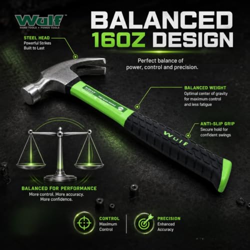 Image of WULF 16oz Heavy Duty Claw Hammer | Drop-Forged Steel Head with Shockproof Fiberglass Handle | Durable Anti-Slip Grip for Carpentry, Construction, and Home DIY | Professional Hand Tool