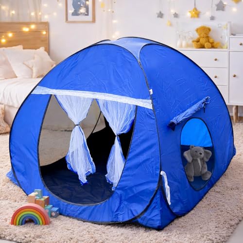 Image of SILVER SHINE Foldable Kids Play Tent House | Fun & Spacious Pop-Up Playhouse for Boys & Girls (Up to 10 Years) | Multi-Purpose Indoor & Outdoor Tent with Mosquito Net | Delightful Patterns - Dark Blue