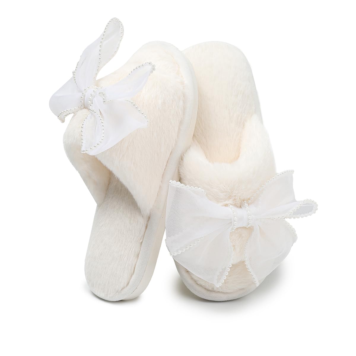 Cute Bow Slippers for Women Open Toe Fuzzy House Slippers Memory Foam Indoor Outdoor Anti-Skid Soft Birthday Gifts