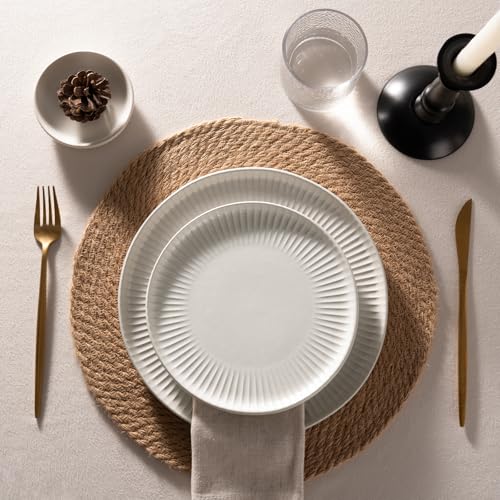 Image of Famiware Starlight 12-Piece Plates and Bowls Sets for 4, Stoneware Dinnerware with Ribbed Textured, Handcrafted Reactive Glaze Dishes - Dishwasher & Microwave Safe, Chip /Scratch Resistant, Matte White