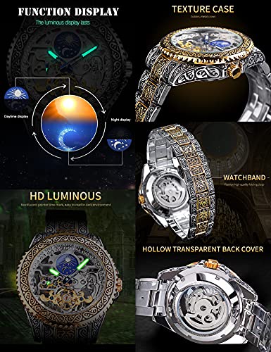 Forsining 60301 Retro Watch For Men Carved Self-Wind Mechanical Tattoo Tourbillon Moon Phase Independent Seconds Skeleton Automatic Big Dial Wrist Watches,Gold thumb #5