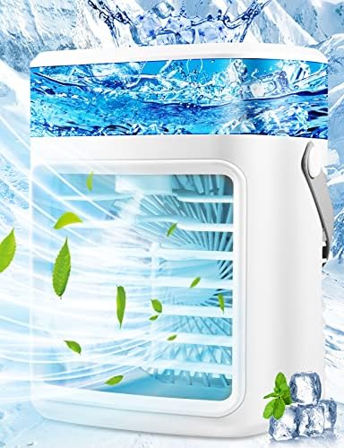 4-IN-1 Evaporative Air Cooler, Rechargeable Small Air Conditioner, Powerful 3 Speed Timed Personal Space Cooler, Cordless AC Desktop Spray Fan, Quiet Aroma Diffuser AC with Handle for Home Camping