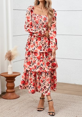 BTFBM Fall Dresses for Women 2025 Floral Long Sleeve Smocked Square Neck Casual Ruffle Tiered Flowy Wedding Guest Dress2