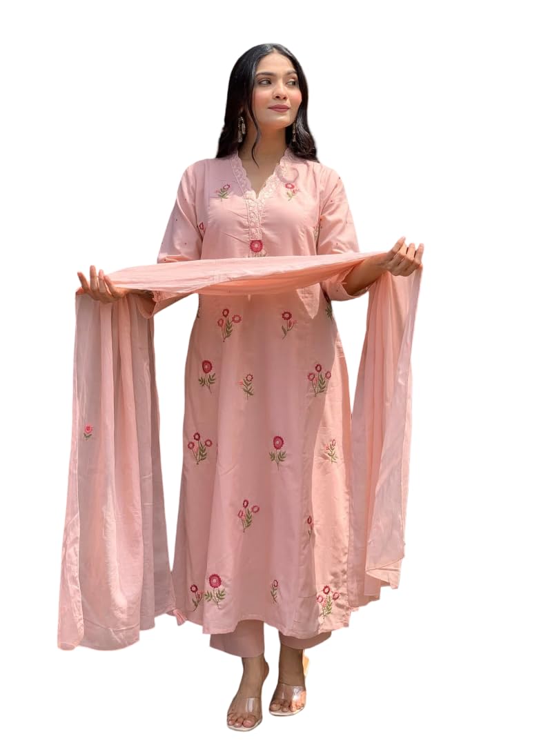 Woman's Peach Floral Embroidery Roman Silk Kurta Set with Micro Inner and Chanderi Dupatta-picture-12
