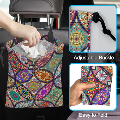 Image of Car Trash Bag Hanging Mandala Flower Car Trash Can Waterproof Garbage Bag Hanging for Car Back Seat