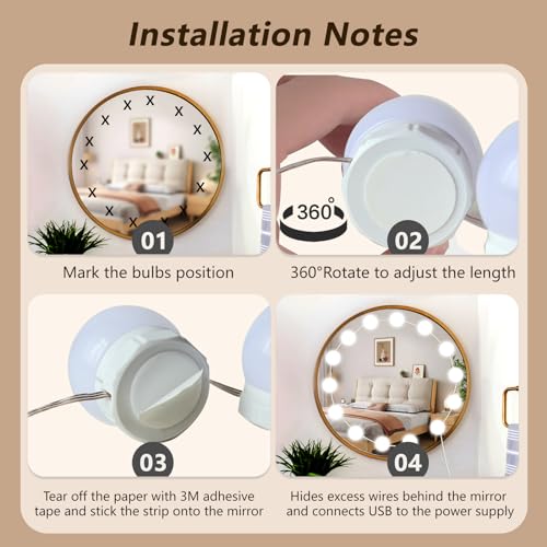 14 Bulbs Hollywood Mirror Lights with USB Cable, 3 Colours Changing & 10 Levels Brightness, Vanity Mirror Lights Stick on Mirror, Make up Light for Mirror, Dressing Table - Cosy Home Interiors 14 Bulbs Hollywood Mirror Lights with USB Cable, 3 Colours Changing & 10 Levels Brightness, Vanity Mirror Lights Stick on Mirror, Make up Light for Mirror, Dressing Table - Image 5