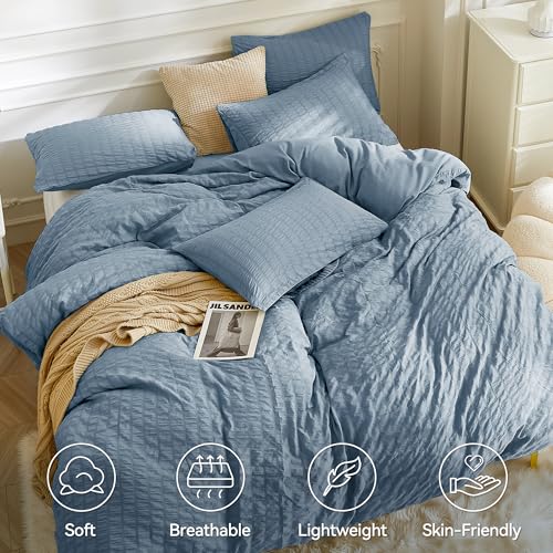 Image of JELLYMONI Sierra Blue Duvet Cover Full Size, 3pcs Washed Microfiber Bedding Set, Soft Breathable Seersucker Duvet Cover Set with Zipper Closure and Corner Ties for All Seasons
