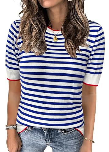 Image of Zeagoo Womens Summer Tops Casual Short Sleeve Striped Sweater Shirt Crewneck Color Block Knit Blouses