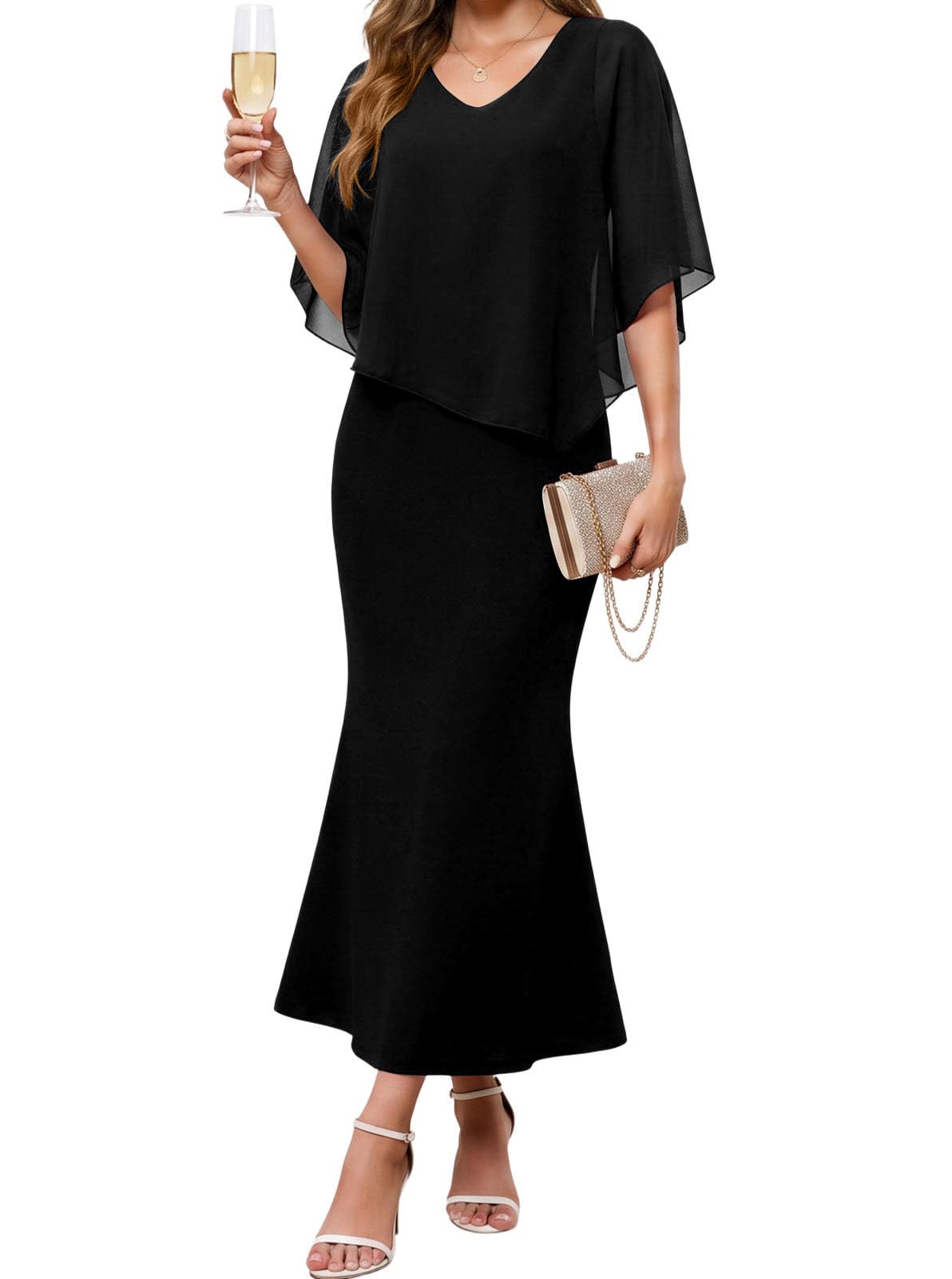 Women's Chiffon Cape Overlay V Neck Cocktail Mermaid Gown Maxi Dress