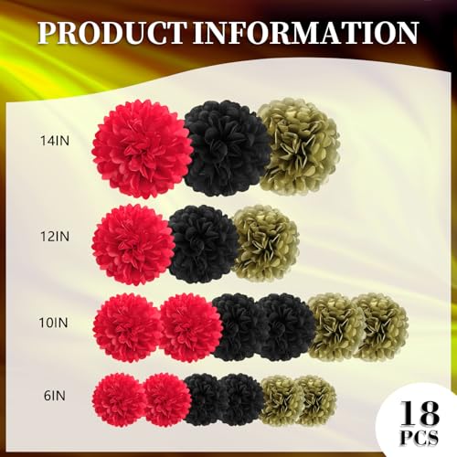 Image of 18 PCS Tissue Paper Pom Poms, Tissue Pom Poms Flowers, Sizes of 6 inch, 10 inch, 12 inch, 14 inch Hanging Paper Flower Ball for Wedding, Birthday, Halloween, Christmas, Baby Shower Party Decor (Red Black Gold)