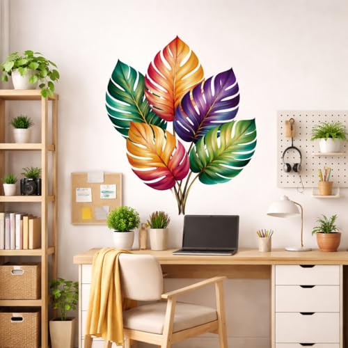 Image of Rangoli Colorful Tropical Leaves Wall Art 16x21 Inch | Abstract Botanical Monstera Leaf Painting | Vibrant Multicolor Canvas Print for Living Room Bedroom Home Decor