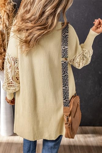 Women's Apricot Crochet Lace Sleeve Ribbed Knit Cardigan3