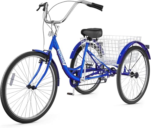 Omelaza Adult Tricycle 24 Inch 7-Speed Tricycle with Detachable Large Basket for Shopping, Leisure, Commuting, Women Men Seniors Blue