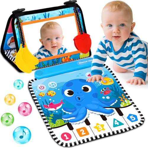 Image of Tummy Time Mat Mirror Toys - Musical Activity Playmat Baby Toys for Newborn - Black and White High Contrast Montessori Sensory Crinkle Toy for Infant 0-3-6-12 Months Babies Boys Girls Shower Gifts