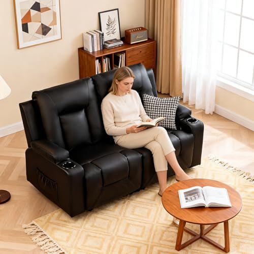 Image of COMHOMA Living Room Furniture Set,Faux Leather Manual Recliner Sofa Sets with Cup Holders,Reclining Couch,Loveseat and Armchair,2,Black