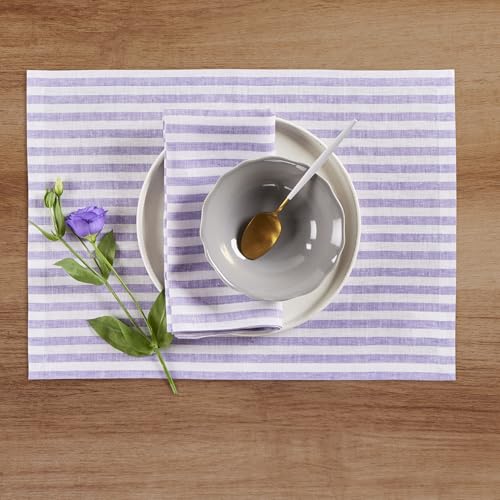 Image of Solino Home 100% Linen Napkins, 20 x 20 in, Violet, Amalfi Stripe, Set of 4 | elevate everyday dining and special gatherings, woven stripe, European flax fibres, machine washable, OEKO-TEX Certified