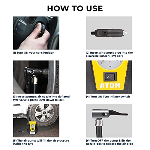 Image of Autofy Atom 1 Year Warranty Car Tyre Inflator 100PSi Rapid Mini Portable Air Compressor Pump (4 Meters Long Wire - 12V DC)