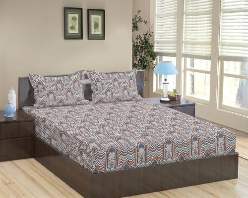 Trance Home Linen 100% Cotton 144TC Elastic Fitted Bedsheet | Printed Double Size Bed Elasticated Fitted Bedspread with 2 Pillow Covers (72x72 inch, Mihrab Blue)