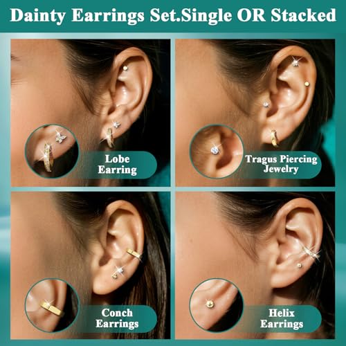 Hypoallergenic 14K Gold Flat Back Earrings Stacks for Women:316L Surgical Steel Small Hoops Earrings 20G Flat back Studs for Cartilage, Helix, Tragus|Trendy Earring Set for Multiple Piercing4