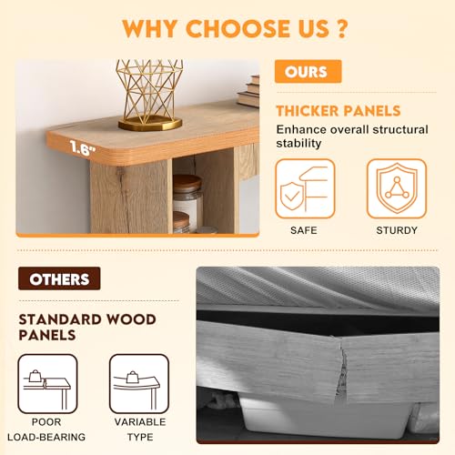 Image of Sonharlar 55 Inch Entryway Table Single-Shelf Cabinet, 1.6 Inch Thick Desktop Wooden Console Table with Socket Farmhouse Sofa Table for Entrance, Hallway, Living Room,Behind Couch(Natural Brown)