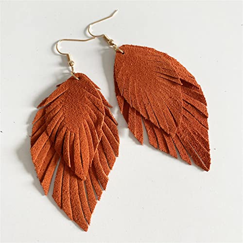 Handmade Bohemian Large Soft Genuine Leather Fringe Double Feather Lightweight Color PU Leaf Drop Dangle Earrings for Women Fashion Jewelry Gifts3