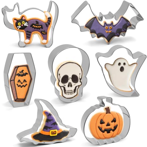 Halloween Cookie Cutters Set 7 Pieces - Large Bat, Ghost, Pumpkin, Witch Hat, Cat, Skull, Coffin...