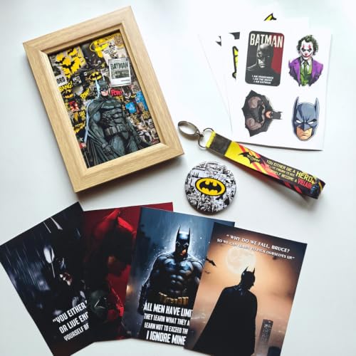 Image of TenorArts Batman Gift Box Merchandise for Fans - 5x7 Inches Laminated Photo Frame,1 Keychain, 1 Badge, 4 4x6 inches Posters, 7 Multi sized Stickers - 5 items in 1 Box | Perfect for Gifting Fans