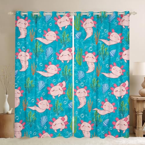 Homemissing Cortinas de ajolote de dibujos animados de 46 x 72 pulgadas de largo, cortina de ventana de salamandra kawaii, cortinas opacas con diseño de vida marina del océano, tratamientos para