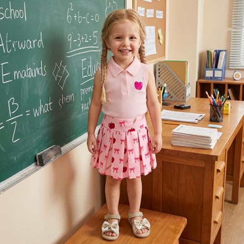 Image of BeQeuewll Back to School Toddler Girl Outfit 2Pcs Knit Top Pleated Skirt Set Girls