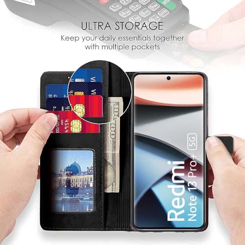 Image of WOW IMAGINE Shock Proof Flip Cover Back Case Cover for Xiaomi Mi Redmi Note 13 Pro Plus 5G (Flexible | Leather Finish | Card Pockets Wallet & Stand | Black)