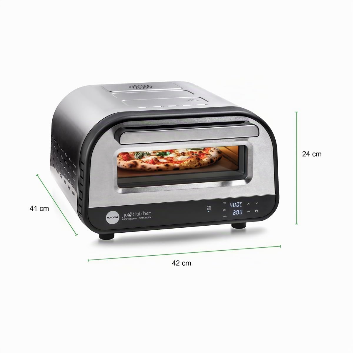 MACOM Just Kitchen 884 Professional Pizza Oven, Professioneller Pizzaofen, backt in 2 Minuten, erhitzt bis zu 400 °, abnehmbarer Schamottstein, 32 cm, 1700 W