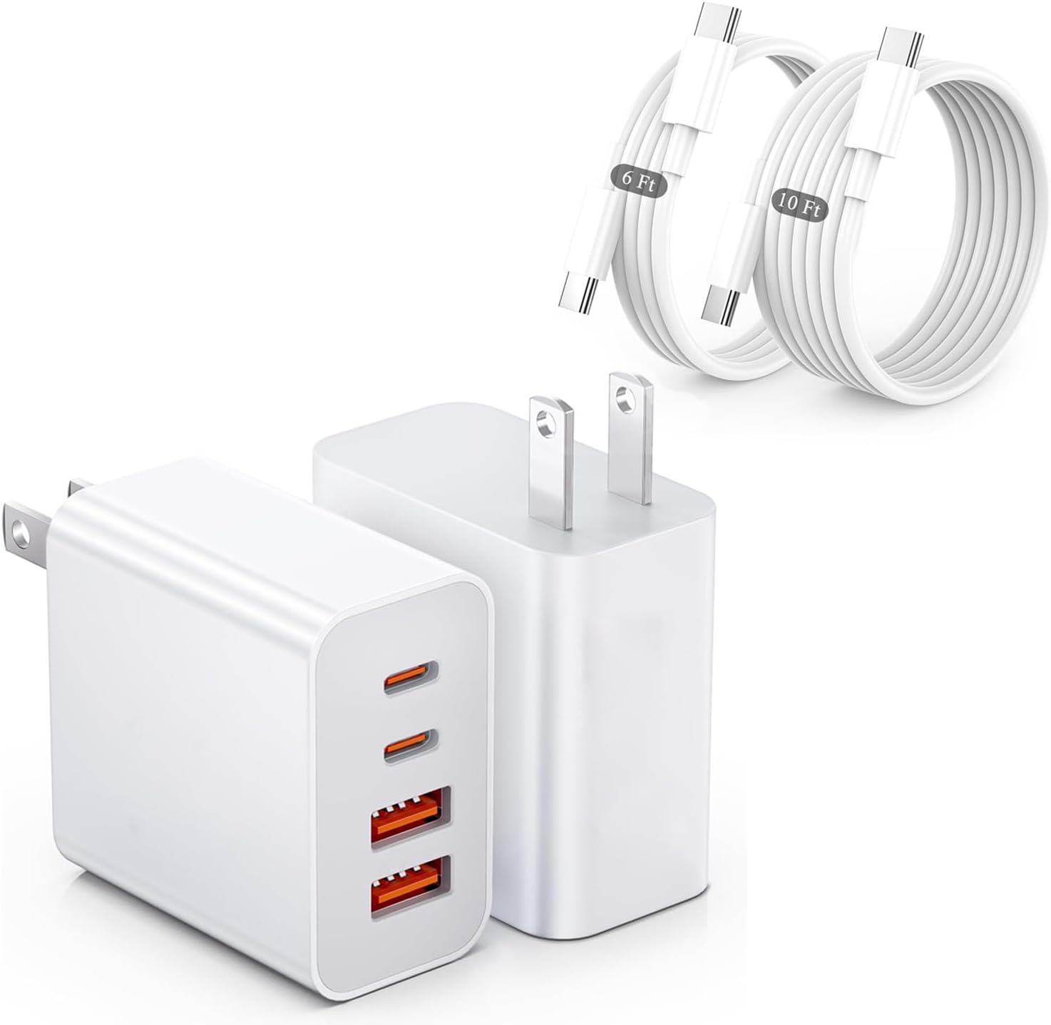 USB-C Wall Charger, 40W 4-Port (2×USB-C PD+2×USB-A QC) Fast Charging Block for iPhone 17 16 15 14 13 12 11 XS Pro Max Plus Mini Air, Power Adapter for iPad, Andriod Phone Charge C Cable 2-Pack White